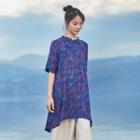 Floral Frog-button Elbow Sleeve Top Blue - One Size