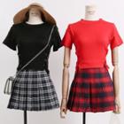 Lightweight Cross Strap-side Knit Top / Pleated Plaid A-line Skirt