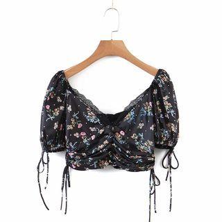 Short-sleeve Lace-up Floral Crop Top