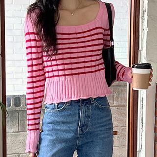 Square-neck Striped Sweater Stripes - Rose Pink - One Size