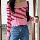 Square-neck Striped Sweater Stripes - Rose Pink - One Size