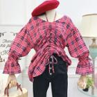 V-neck Drawstring Plaid Top