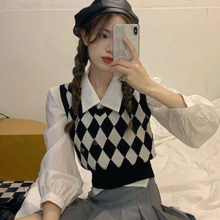 Puff-sleeve Shirt / Argyle Print Sweater Vest / Cardigan