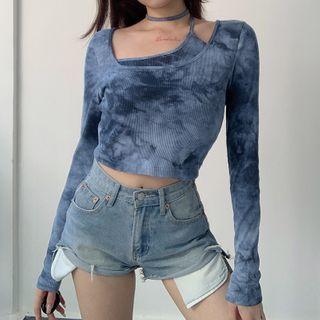 Mock Two-piece Long-sleeve Tie-dye Crop Top