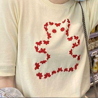 Elbow-sleeve Bear Print Knit Top