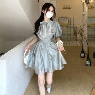 Puff-sleeve Ruffle Bow Accent Mini A-line Dress