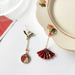 Crane Glaze Hand Fan Fabric Asymmetrical Dangle Earring