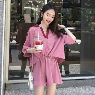 Set: 3/4-sleeve Contrast Trim Placket Top + Wide-leg Shorts
