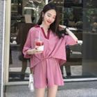 Set: 3/4-sleeve Contrast Trim Placket Top + Wide-leg Shorts