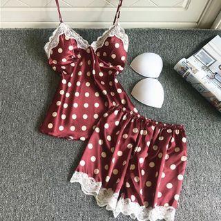 Loungewear Set : Lace Trim Polka Dot Camisole Top + Shorts
