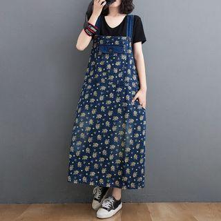 Floral Print Denim Dungaree Dress