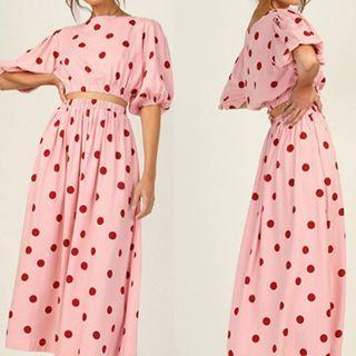 Set: Short Sleeve Polka-dot Crop Top +high Waist Polka Dot Midi Skirt