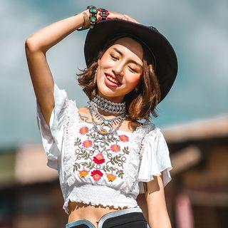 Embroidered Short-sleeve Open Back Gathered-waist Chiffon Blouse