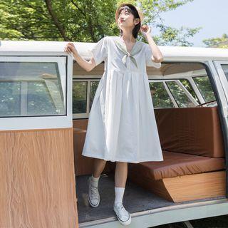 Short-sleeve Sailor Collar Midi Dress White - M
