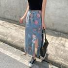 Floral Print Slit Denim Midi A-line Skirt