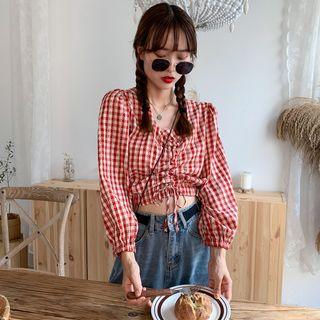 Plaid Drawstring Long-sleeve Crop Top