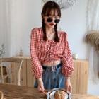 Plaid Drawstring Long-sleeve Crop Top
