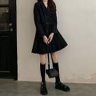 Double-breasted Long-sleeve Pleated Dress Black - One Size