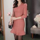 3/4-sleeve Ruffled Mini Sheath Dress