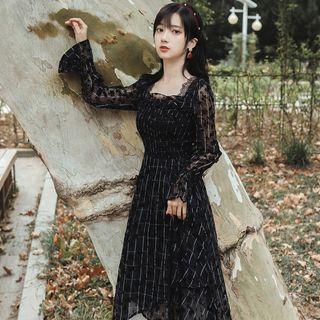 Long-sleeve Flocked Maxi Dress