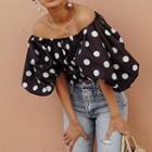 Puff-sleeve Off-shoulder Dotted Chiffon Top