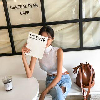 Turtleneck Sleeveless Linen Blend Knit Top