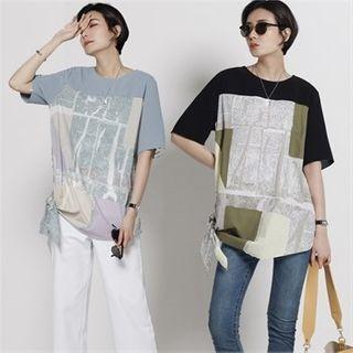 Printed Panel T-shirt Sky Blue - One Size
