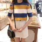 Short-sleeve Striped Knit Top/ Frayed Hem Mini Skirt