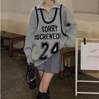 Mock Two-piece Lettering Sweater Gray - One Size