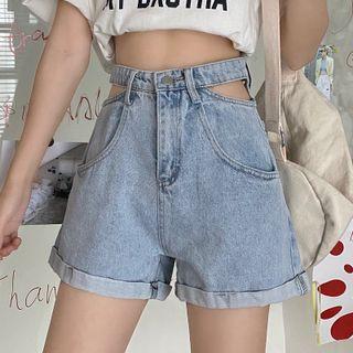 High-waist Cutout Roll-up Denim Shorts