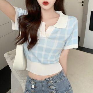 Short-sleeve Lapel Plaid Knit Top