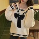 Long-sleeve Sailor Collar Bow Front Knit Top Black & White - One Size