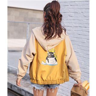 Cat Print Color Block Hooded Zip Jacket