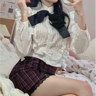 Frill Trim Shirt / Plaid Fitted Skirt