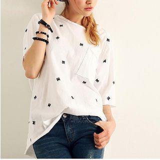 Cat Print Elbow-sleeve T-shirt