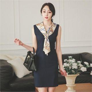 Sleeveless Scarf-trim Sheath Dress
