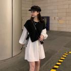 Mock Two-piece Long-sleeve Mini Shift Dress Black & White - One Size