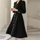 Faux-pearl Trim Pleated Shirtdress With Belt