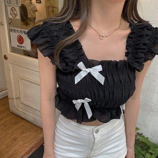 Cap-sleeve Shirred Bow Crop Top