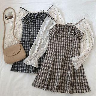3/4-sleeve Panel Plaid A-line Dress