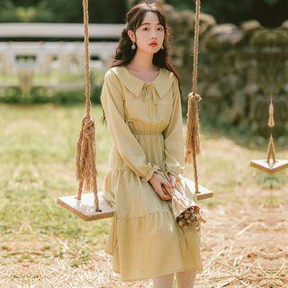 Collared Long-sleeve Tie-neck Dress
