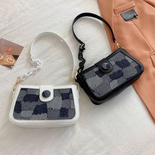 Denim Panel Faux Leather Shoulder Bag