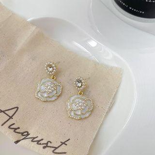 Flower Faux Pearl Alloy Dangle Earring 01 - 1 Pair - Gold & White - One Size