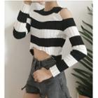 Stripe Open Shoulder Long-sleeve Knit Top