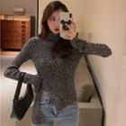 Mock-turtleneck Melange Slit Knit Top Melange Gray - One Size