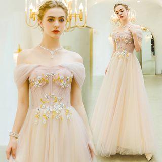 Cap-sleeve Off-shoulder Embellished A-line Evening Gown