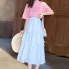 Set: Short-sleeve Letter T-shirt + Tiered Midi Skirt