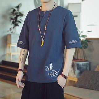 Short-sleeve Embroidered Frog-buttoned Linen T-shirt