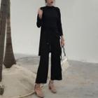 Set : Plain Cardigan + Long-sleeve Top + Wide Leg Pants
