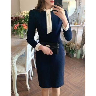 Inset Contrast-tie Midi Sheath Dress